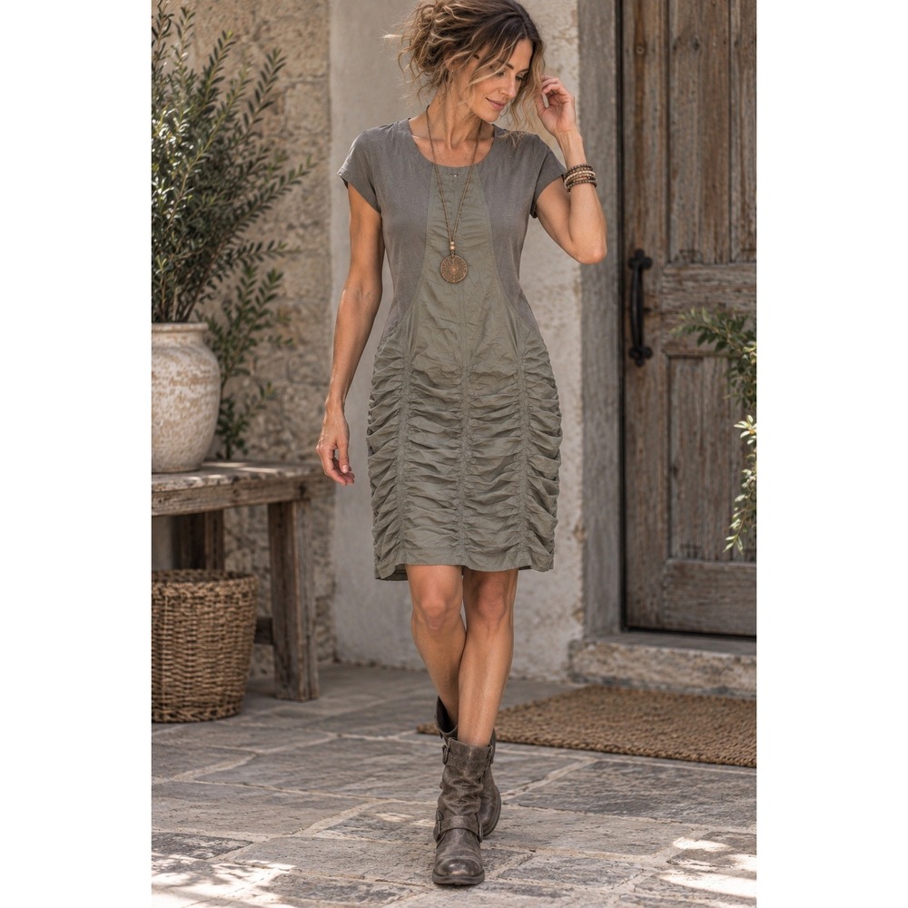 XCVI Wearables Ruched Dress M Gray Lagenlook Boho Tunic Art To Wear Pocket 19x34